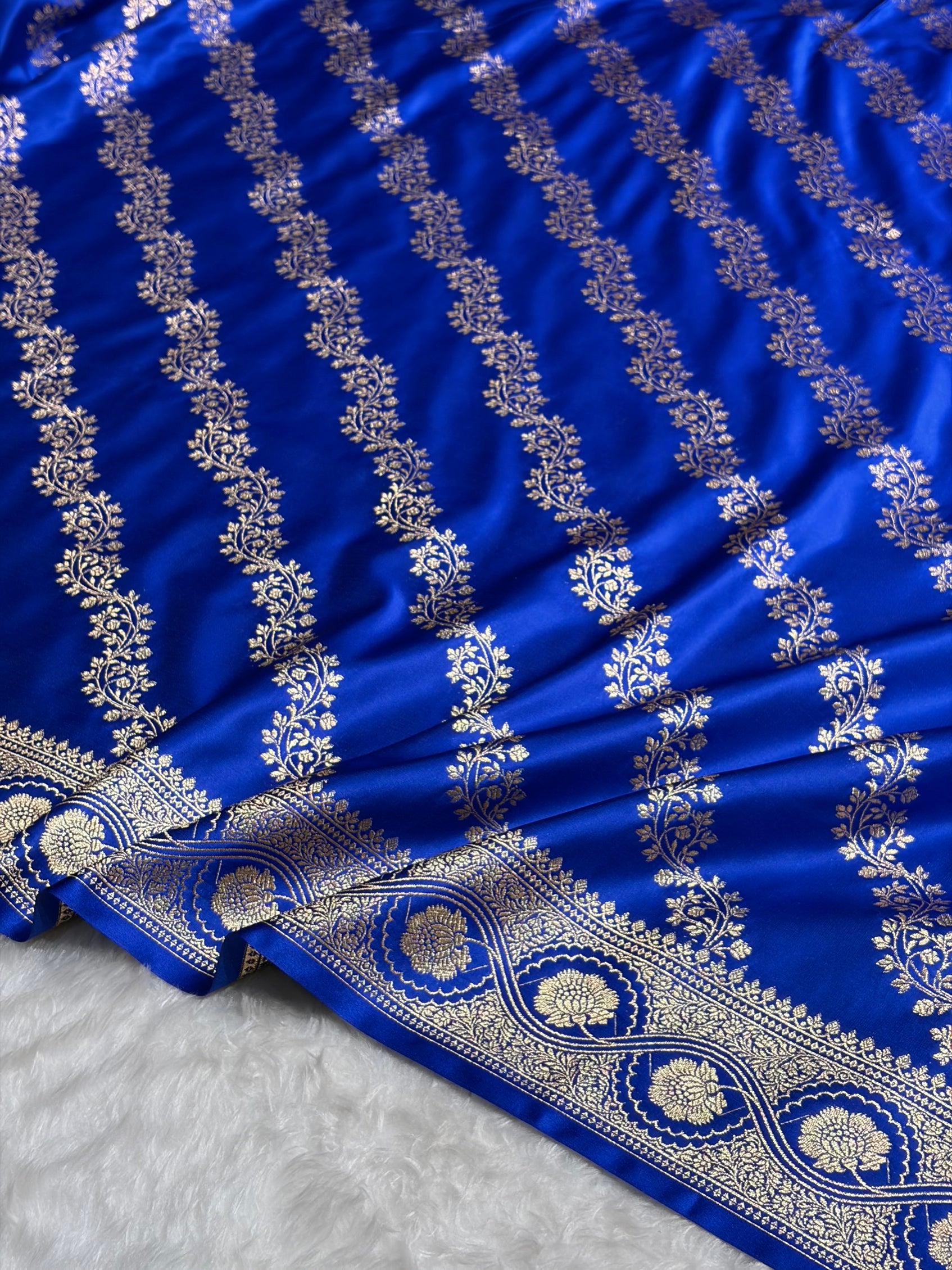 Royal Blue Floral Cross Pattern Satin Katan Silk Saree SK74