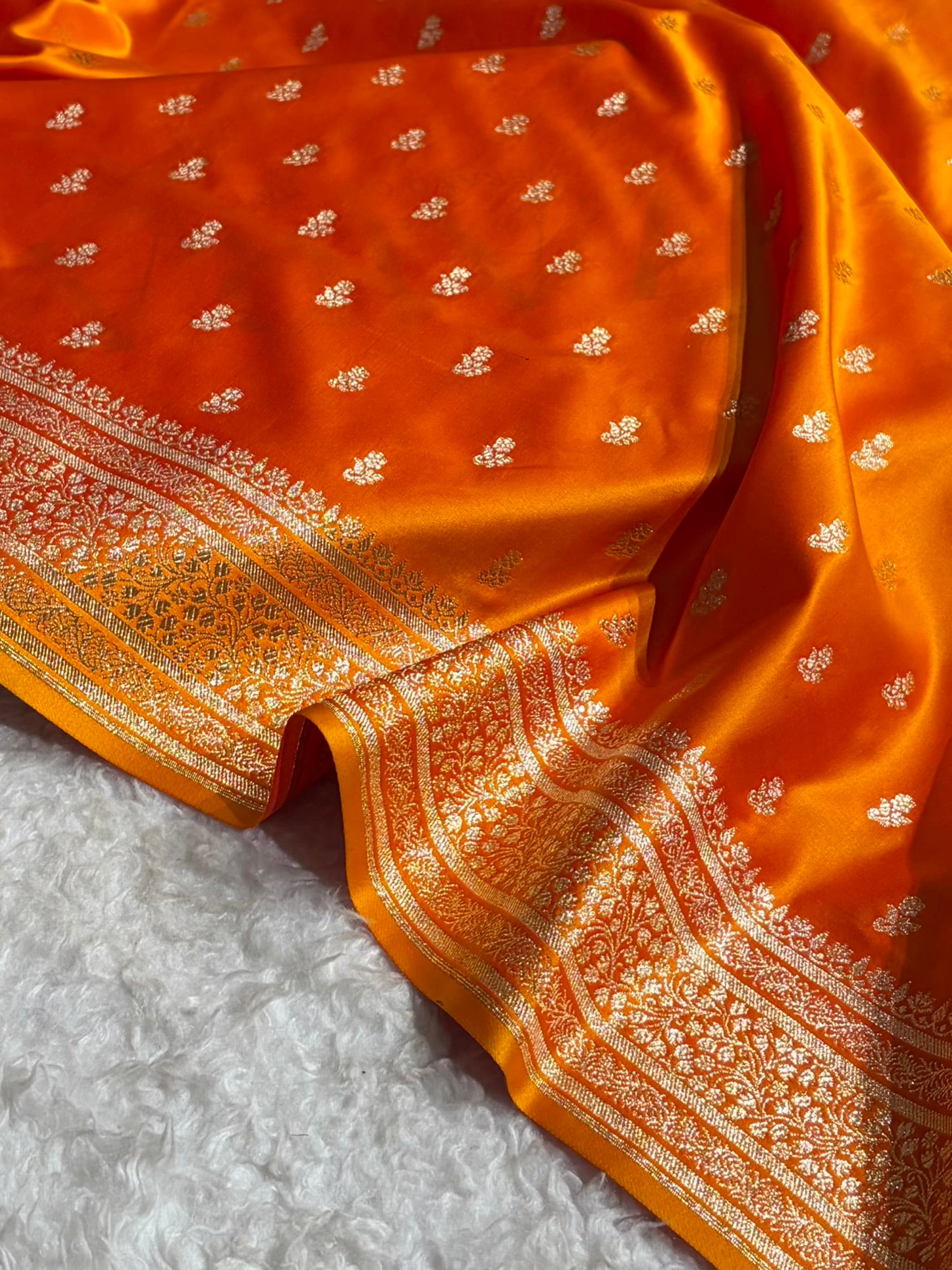 Banarasi Satin Katan Saree With Boota in Orange Gold Shades SK89