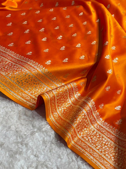 Banarasi Satin Katan Saree With Boota in Orange Gold Shades SK89