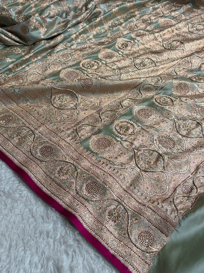 Light Mehendi Jaal With Banarasi Swarovski and Zardozi Work Pattern Satin Katan Silk Saree BSK25