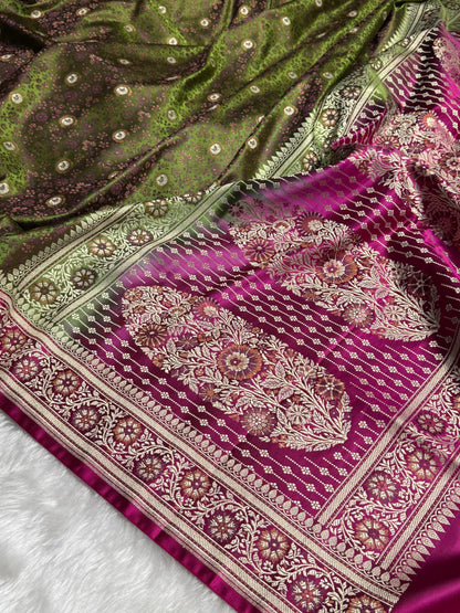 Mehandi - Rani Contrast Jamawar Tanchoi Jaal Katan Silk Saree SKTM-17