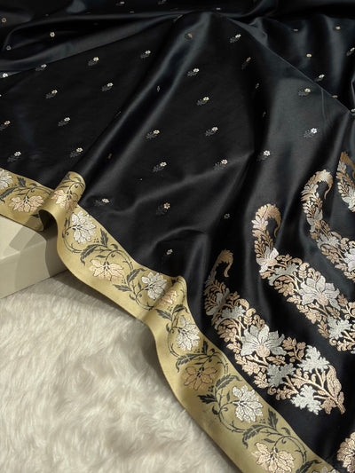 Black With Cream Floral Boota With Floral Border Mashru Silk Saree MSM-78