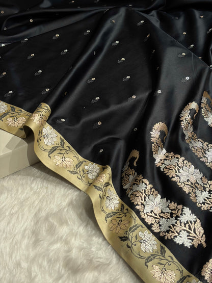 Black With Cream Floral Boota With Floral Border Mashru Silk Saree MSM-78