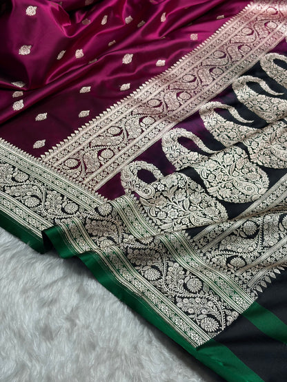 Banarasi Wine With Contrast Black Floral Border Mashru Silk Saree MSM-101