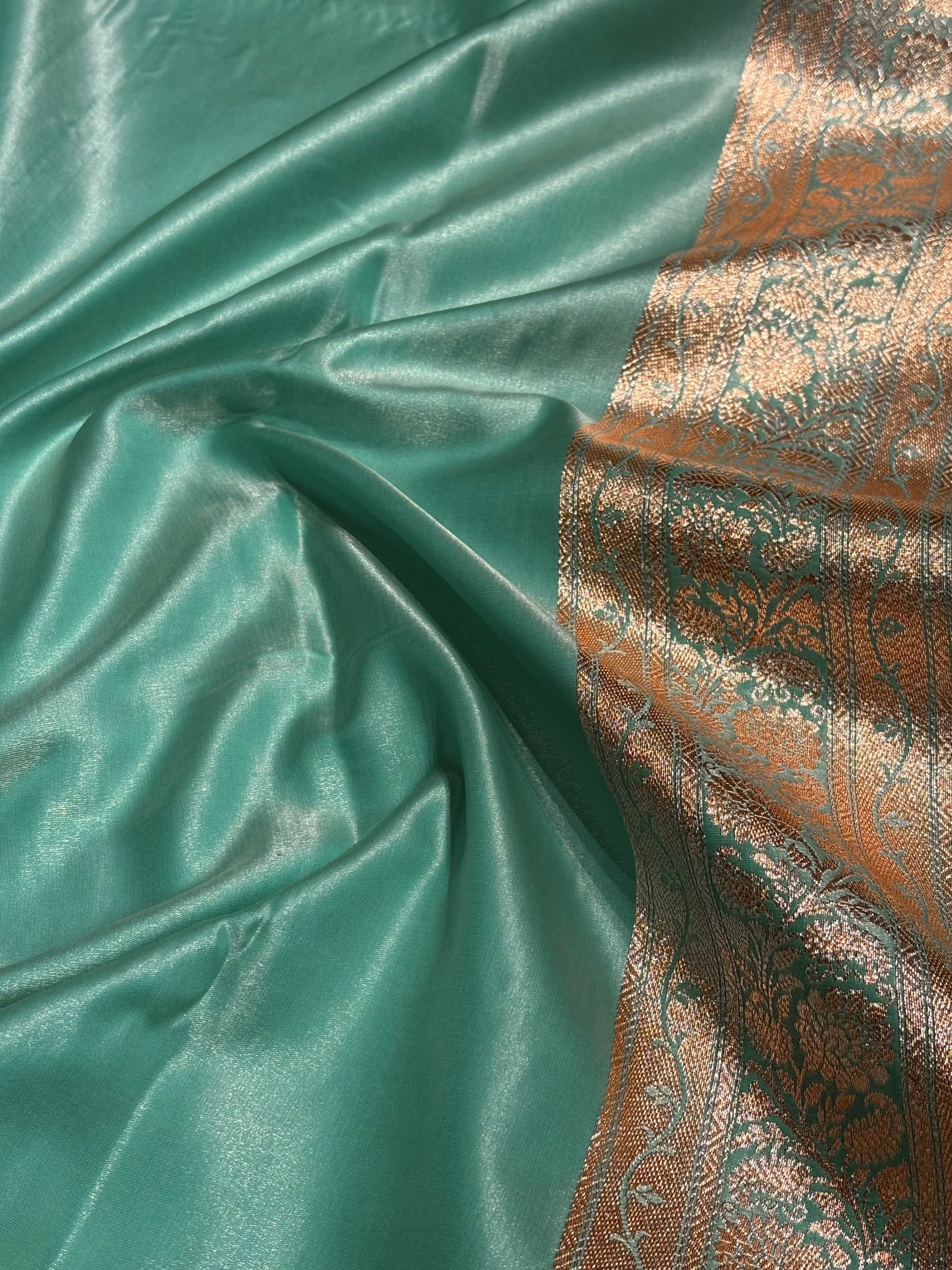 Sea Green Shades Banarasi  Cross Jaal Satin Silk Saree SS11