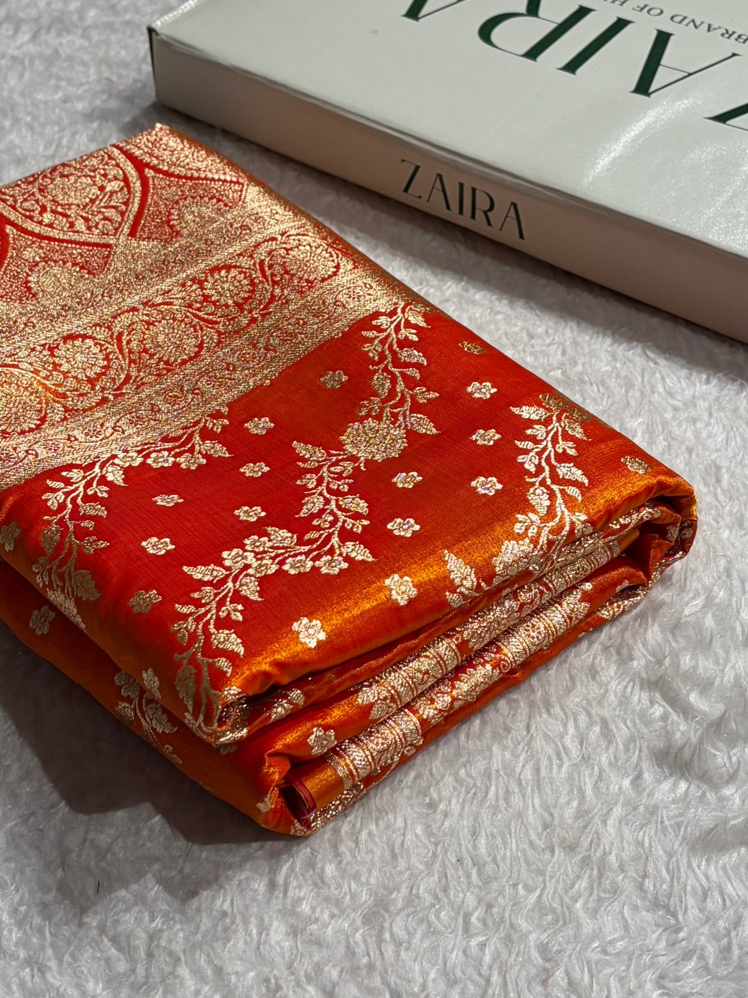 Satin Silk Saree Cross with Booti in Fire Gold Shades SS24