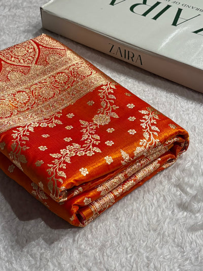 Satin Silk Saree Cross with Booti in Fire Gold Shades SS24