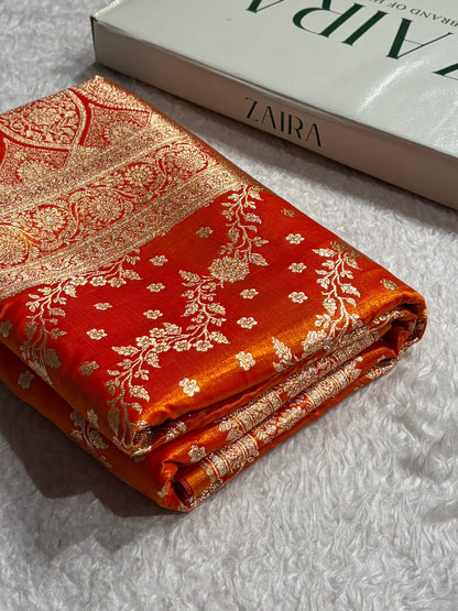 Satin Silk Saree Cross with Booti in Fire Gold Shades SS24