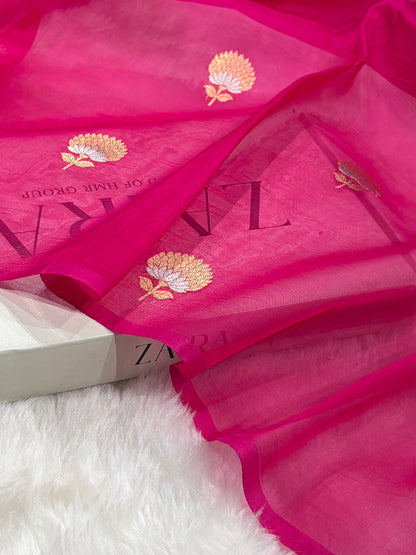 Pure Banarasi Organza Rani Shades With Minakari Floral Banarasi Silk Saree PO-23