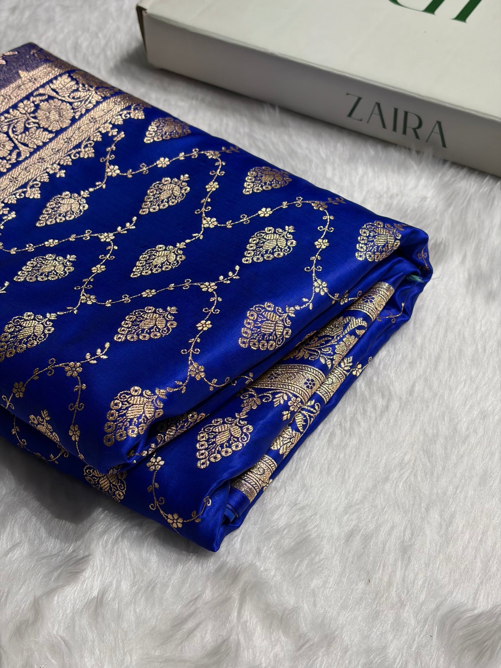 Royal Blue Floral Jaal Pattern Satin Katan Silk saree SK42