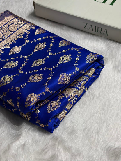 Royal Blue Floral Jaal Pattern Satin Katan Silk saree SK42