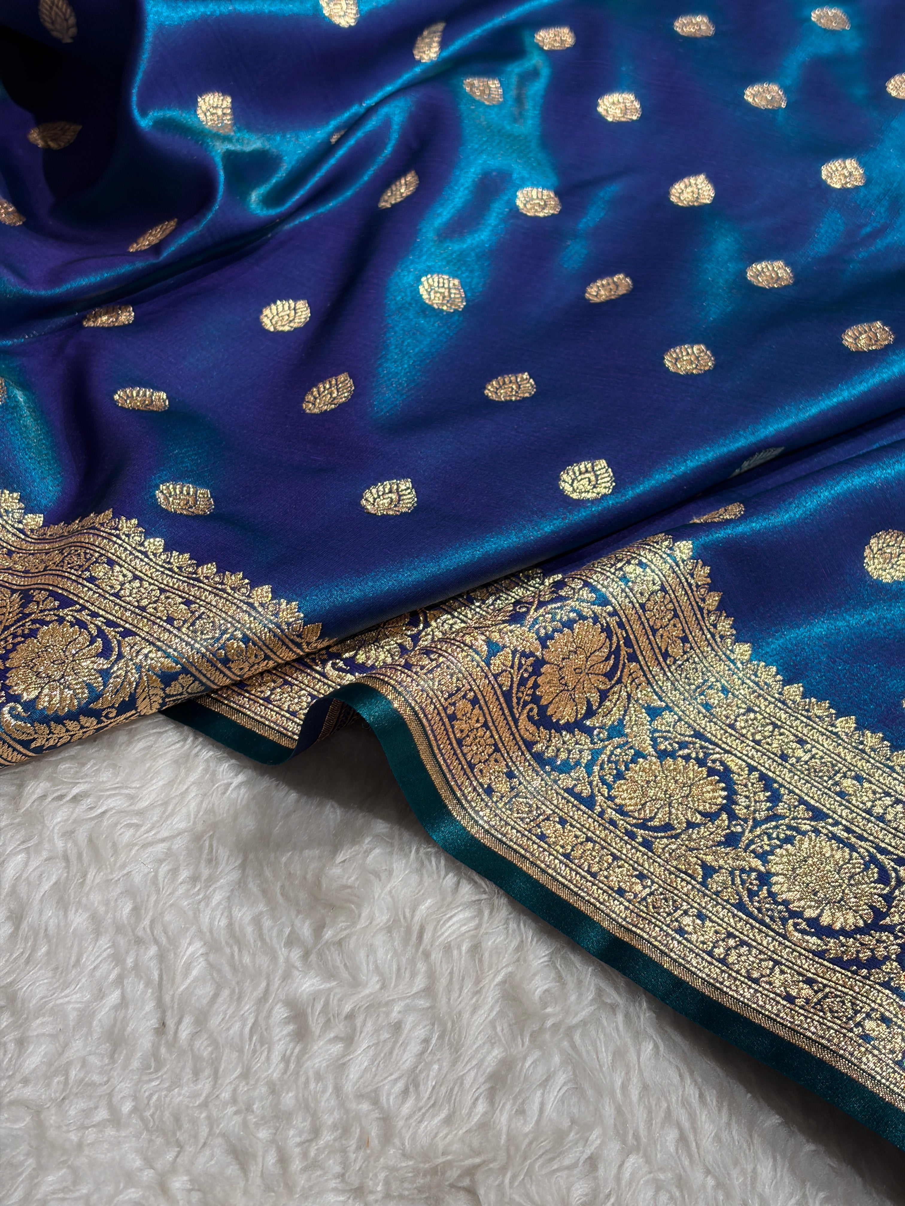 Peacock Shades Boota Pattern Banarasi Satin Silk Saree