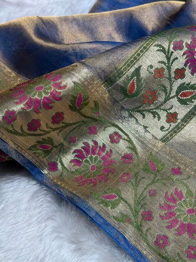 Banarasi Goldish Purple Shades With Minakari Border Pure Tissue Silk Saree PT-59