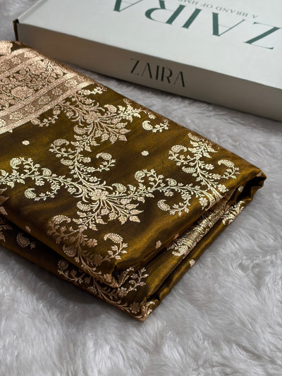 Mehndi Shades Jaal Pattern Banarasi Satin Silk Saree SS49