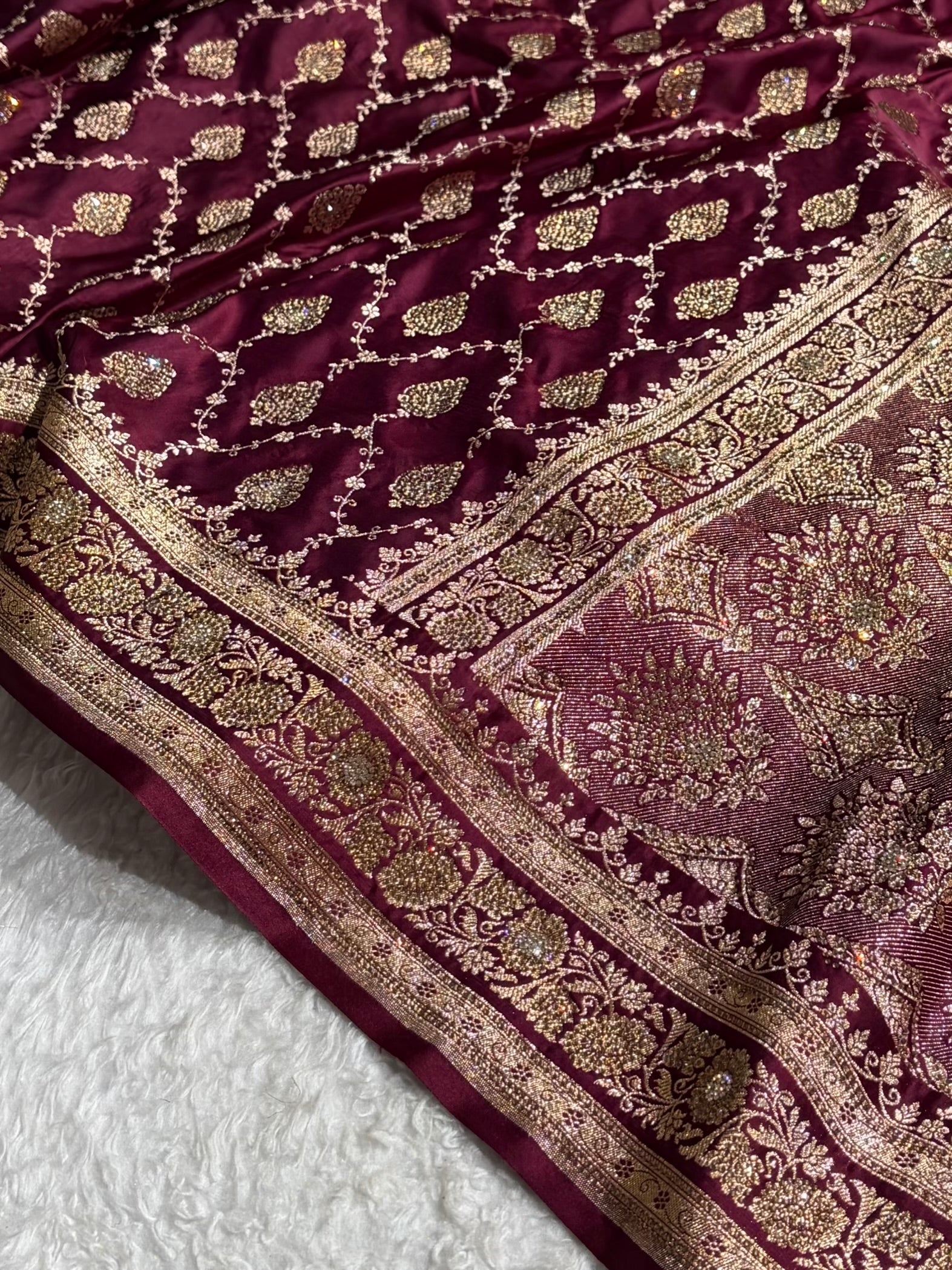 Garnet Floral Jaal Pattern with Sewarovsi Work Satin Katan Silk saree BSK42