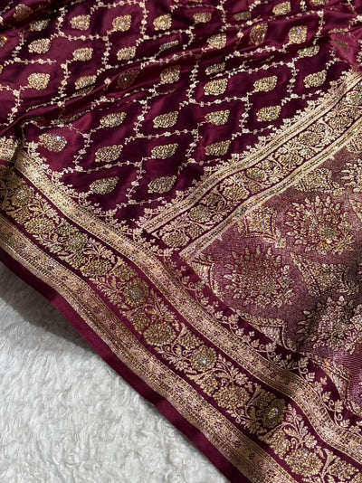 Garnet Floral Jaal Pattern with Sewarovsi Work Satin Katan Silk saree BSK42
