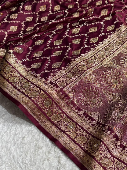 Garnet Floral Jaal Pattern with Sewarovsi Work Satin Katan Silk saree BSK42