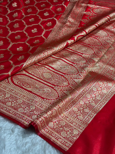 Red Shades Jaal Pattern Banarasi Satin Silk Saree SS57