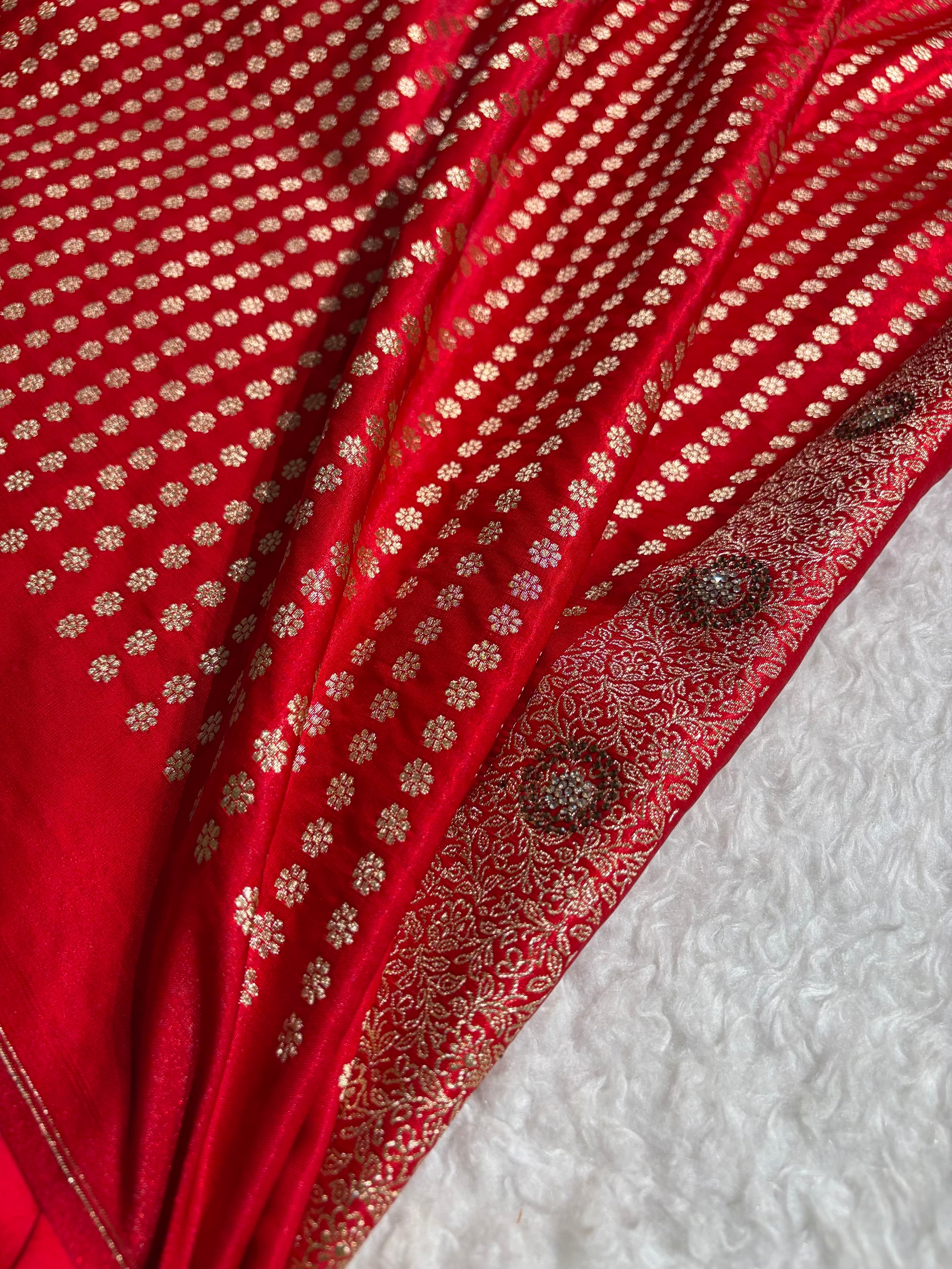 Bridal Red Satin Silk Jaal with Swarovski Stone Work & brocade Blouse BSS16
