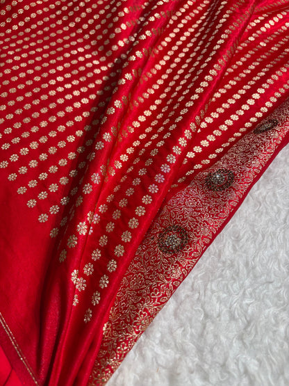 Bridal Red Satin Silk Jaal with Swarovski Stone Work & brocade Blouse BSS16