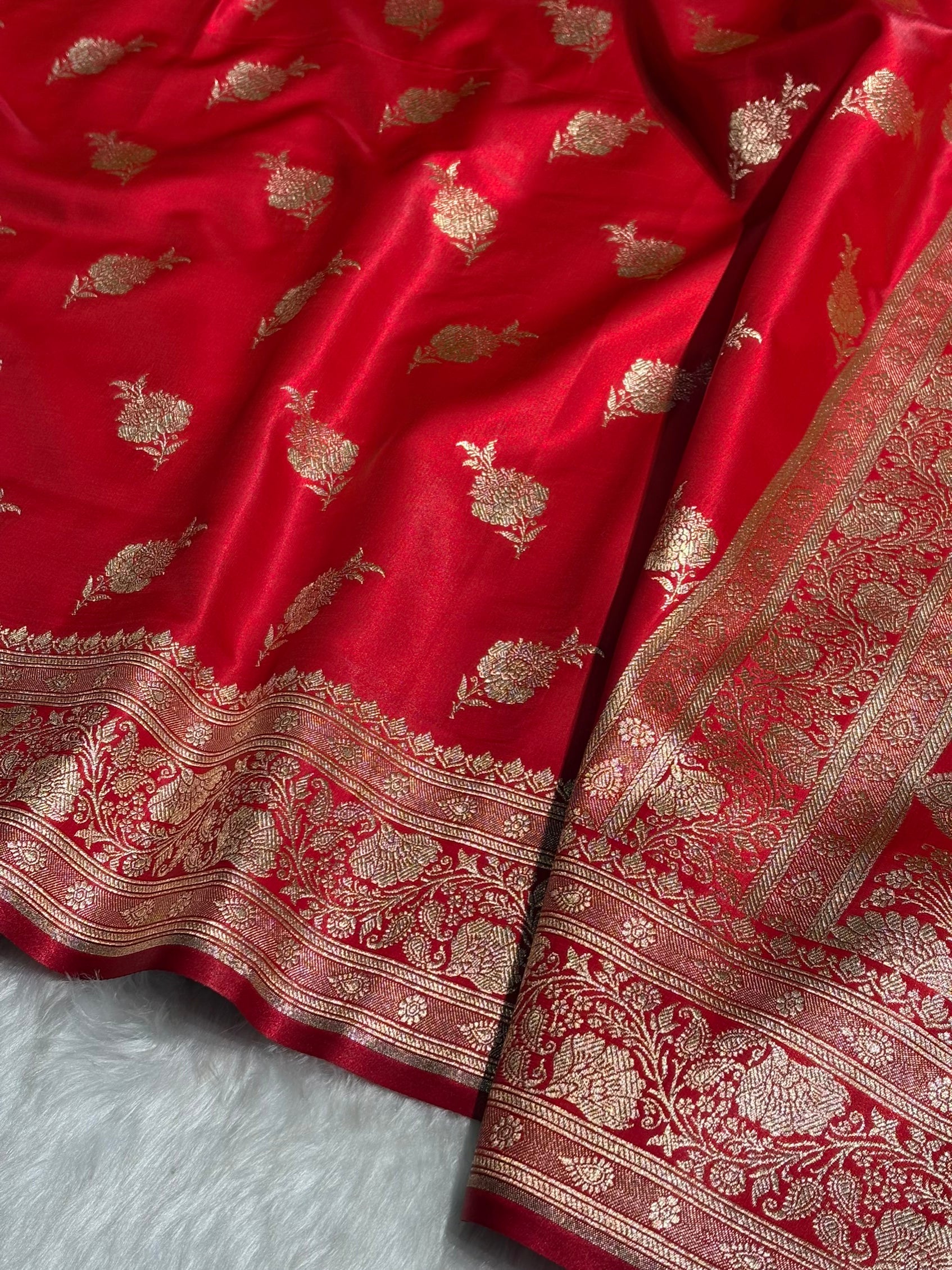 Satin Silk Saree Floral Boota in Red Shades SS26