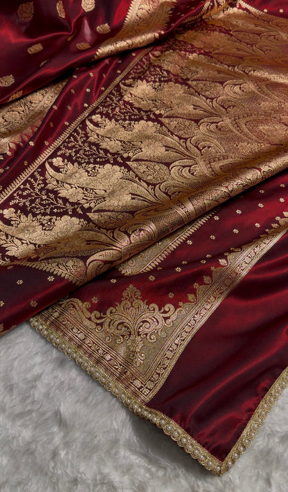 Maroon Banarasi Satin Silk Saree With Gotta Patti Booti Motif  SSGP20