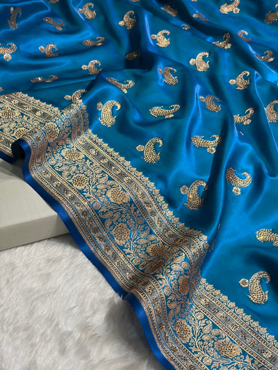 Satin Silk Saree Tredition Banarasi Swarovski Work Floral Boota in Firozi Shades BSS27