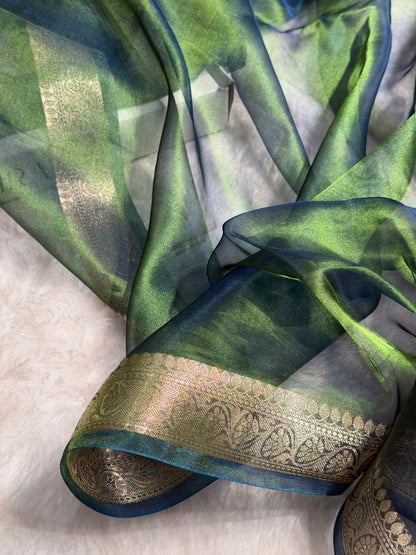 Banarasi Bottle Green Shades Pure Tissue Silk Saree with Brocade Blouse PT-09