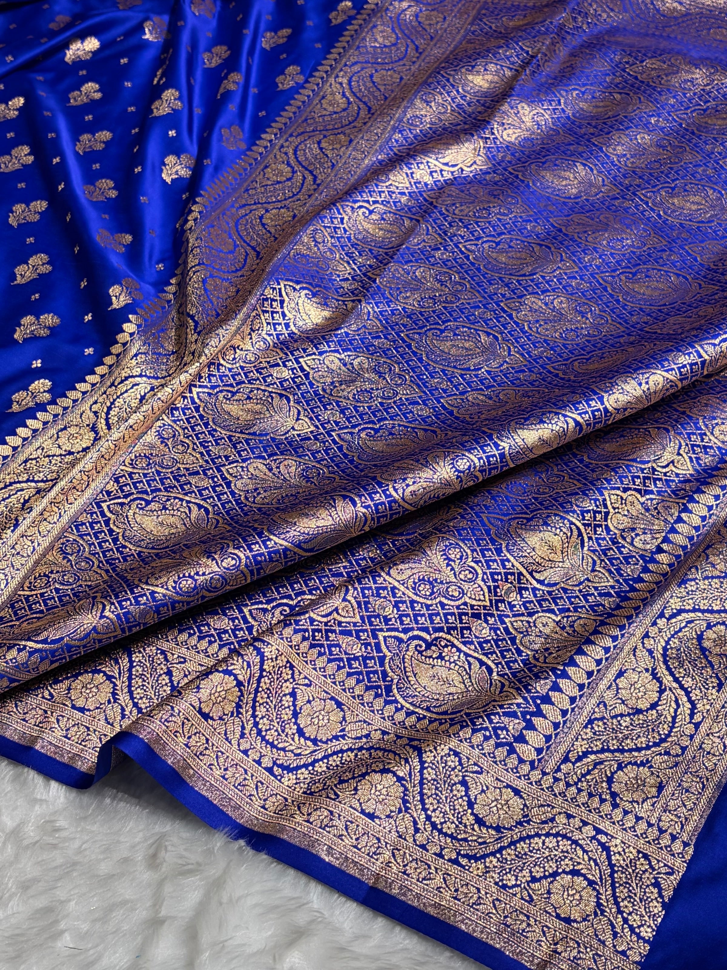 Royal Blue Floral Unique Boota Pattern Satin Katan Silk Saree SK73