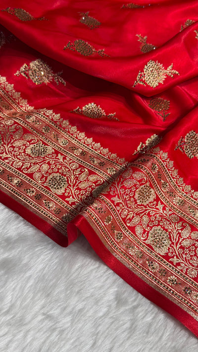 Satin Silk Saree Swarovski Work Floral Boota in Red Shades BSS26