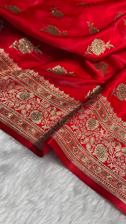 Satin Silk Saree Swarovski Work Floral Boota in Red Shades BSS26