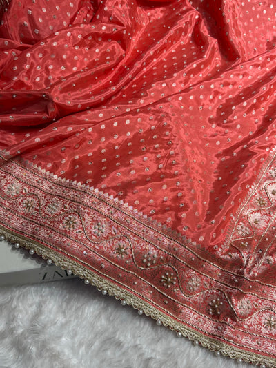 Pastel Orange Crepe Silk Katan With Zardozi and Gotta Patti Work Banarasi Saree BCSK-02