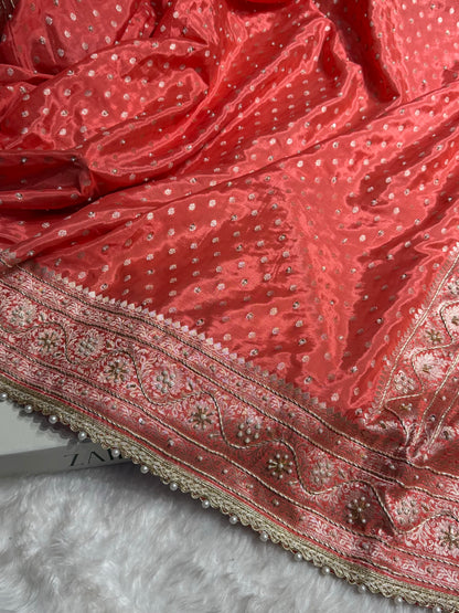 Pastel Orange Crepe Silk Katan With Zardozi and Gotta Patti Work Banarasi Saree BCSK-02