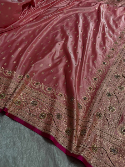Banarasi Satin Katan Silk Saree With Ari Zardozi And Swarovski Work In Baby Pink Shades BSK08