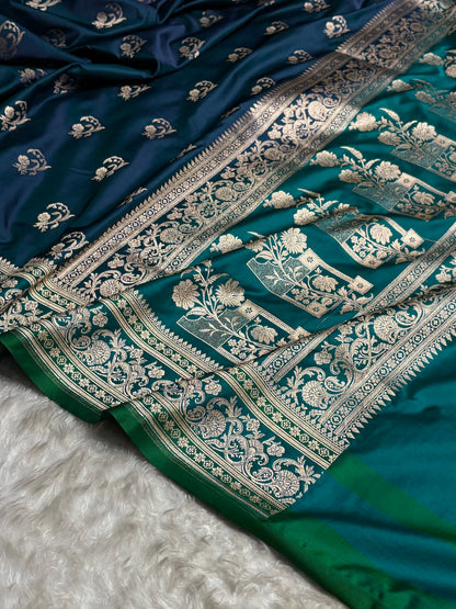 Banarasi Contrast Peacock With Rama Floral Border Mashru Silk Saree MSM-100