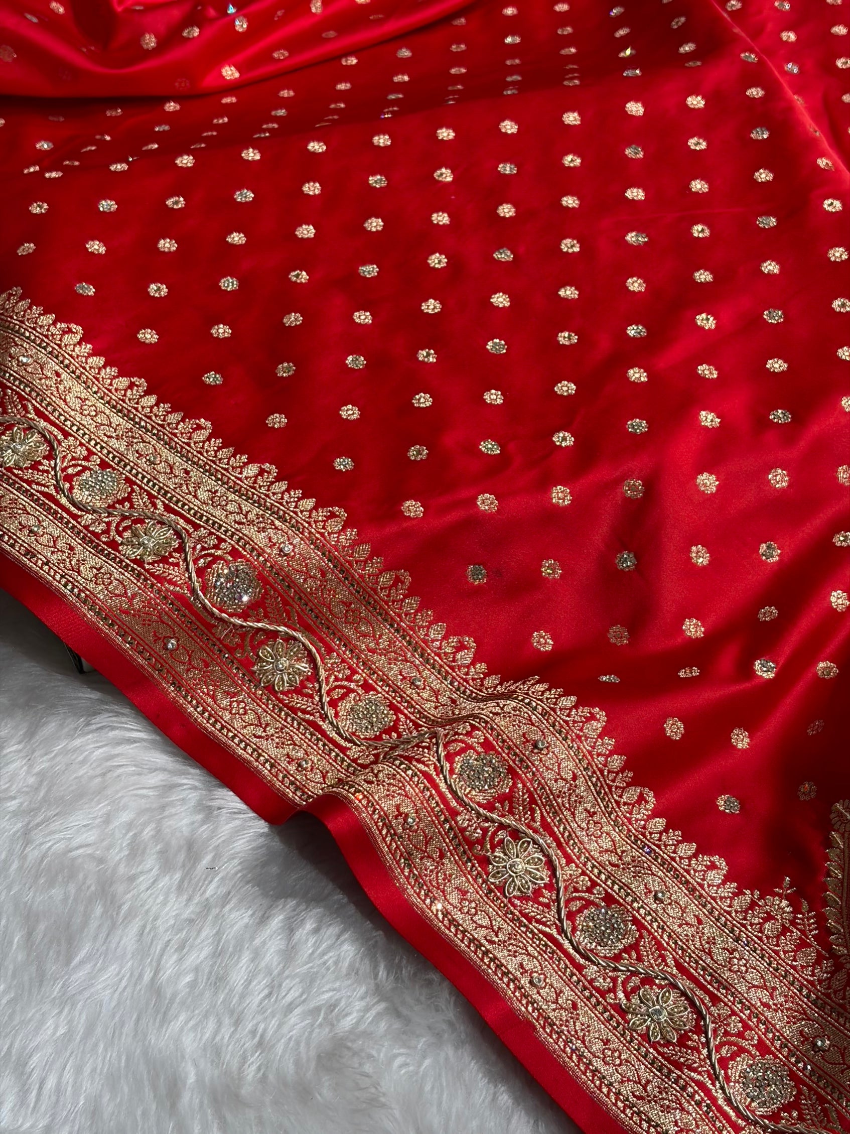Banarasi Red Katan Silk Saree With Ari Zardozi and Swarovski stone work BSK01