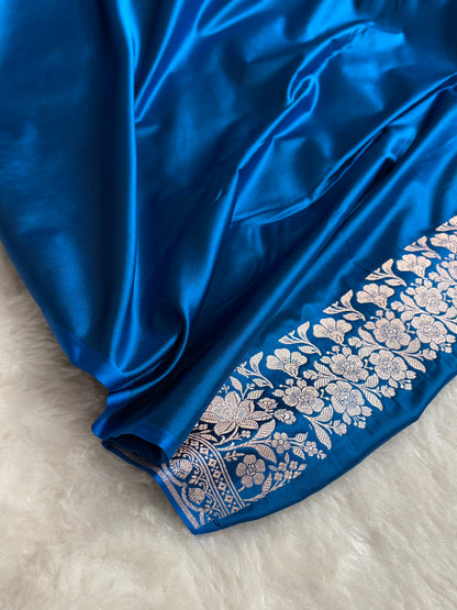 German Blue Shades Banarasi Minakari Boota Skirt Pattern Floral Mashru Silk Saree MSM-116