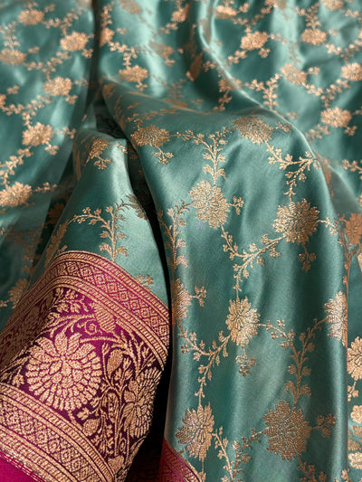 Banarasi Satin Katan Saree Contrast Rama / Rani Shades SK132