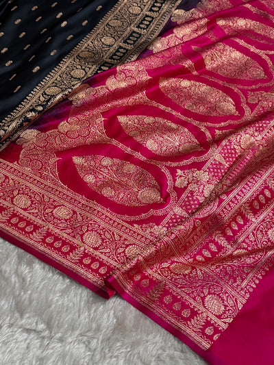 Contrast Black/ Rani Floral Booti Banarasi Satin Katan Silk Saree SK14