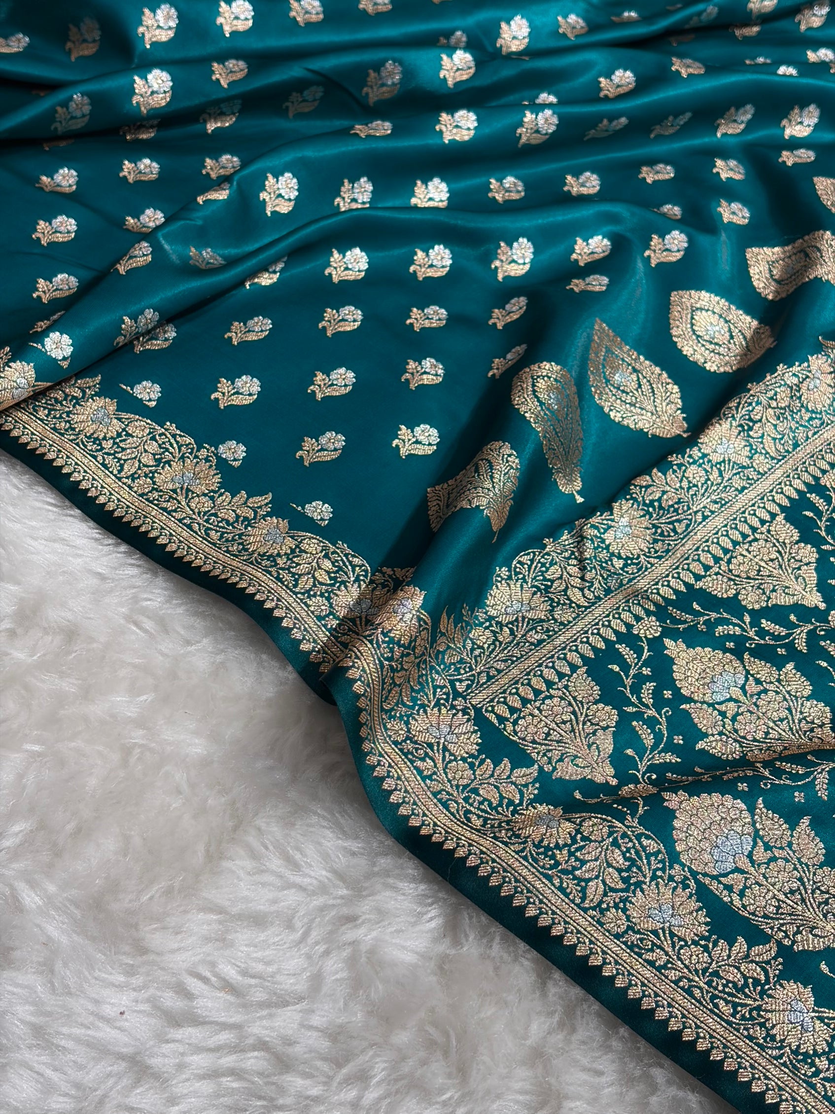 Banarasi Satin Silk Meena Boota in Rama Shades SS38