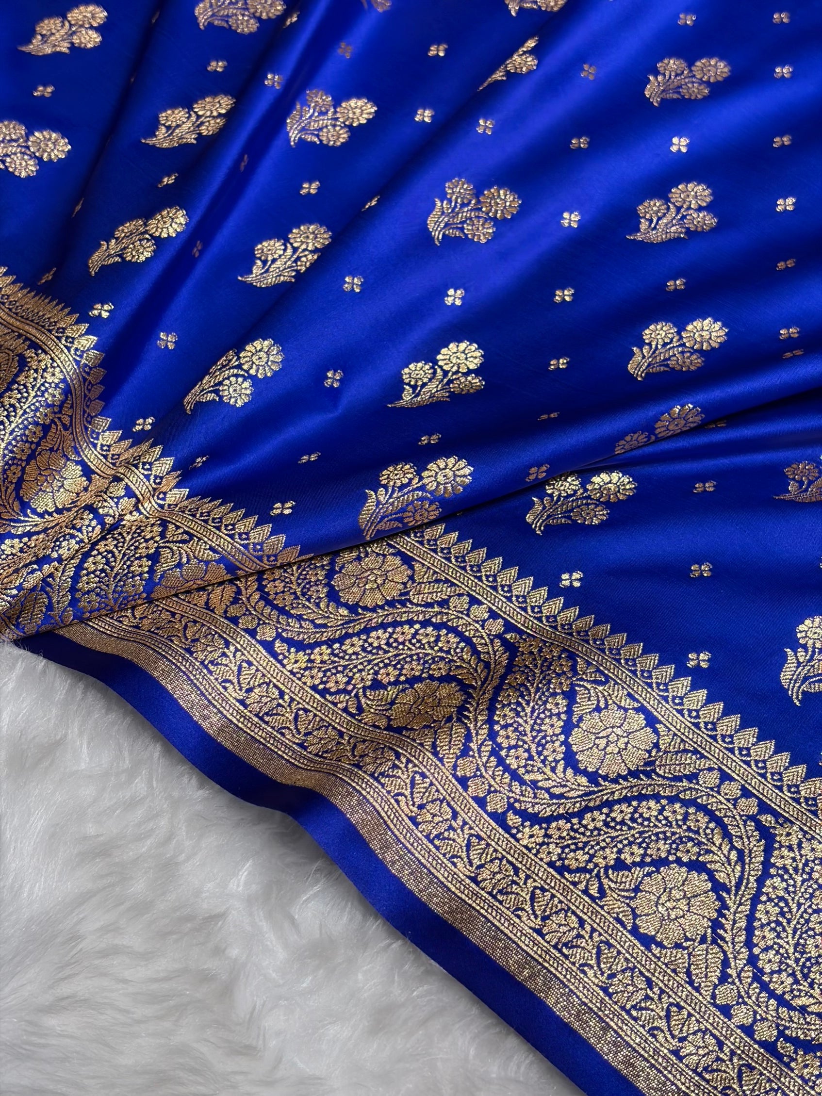 Royal Blue Floral Unique Boota Pattern Satin Katan Silk Saree SK73