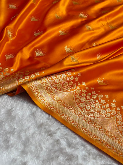 Fire Gold Floral Banasari Pattern Satin Katan Silk Saree SK83