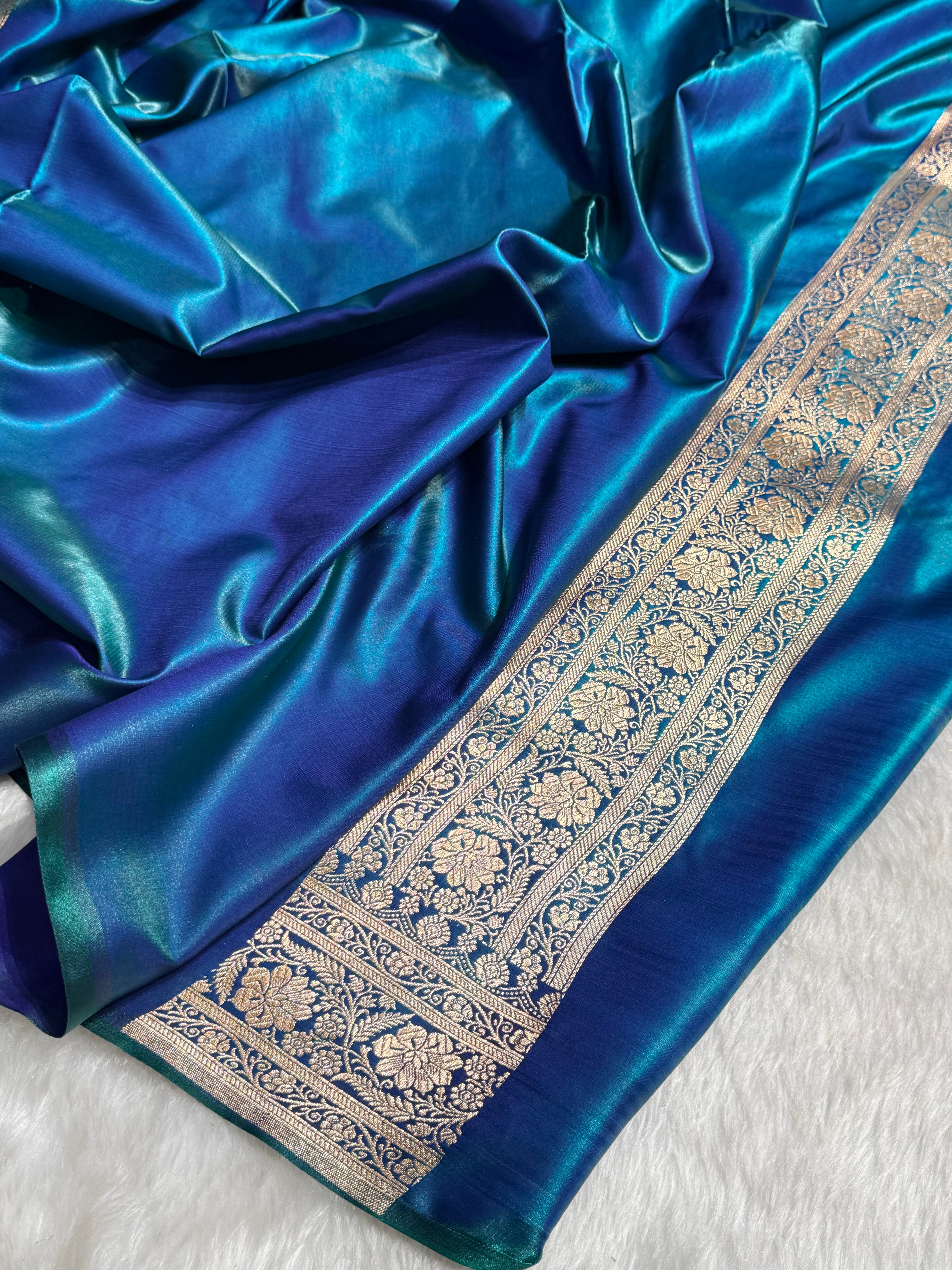 Satin Silk Saree Banarasi Booti in Peacock Shades SS29