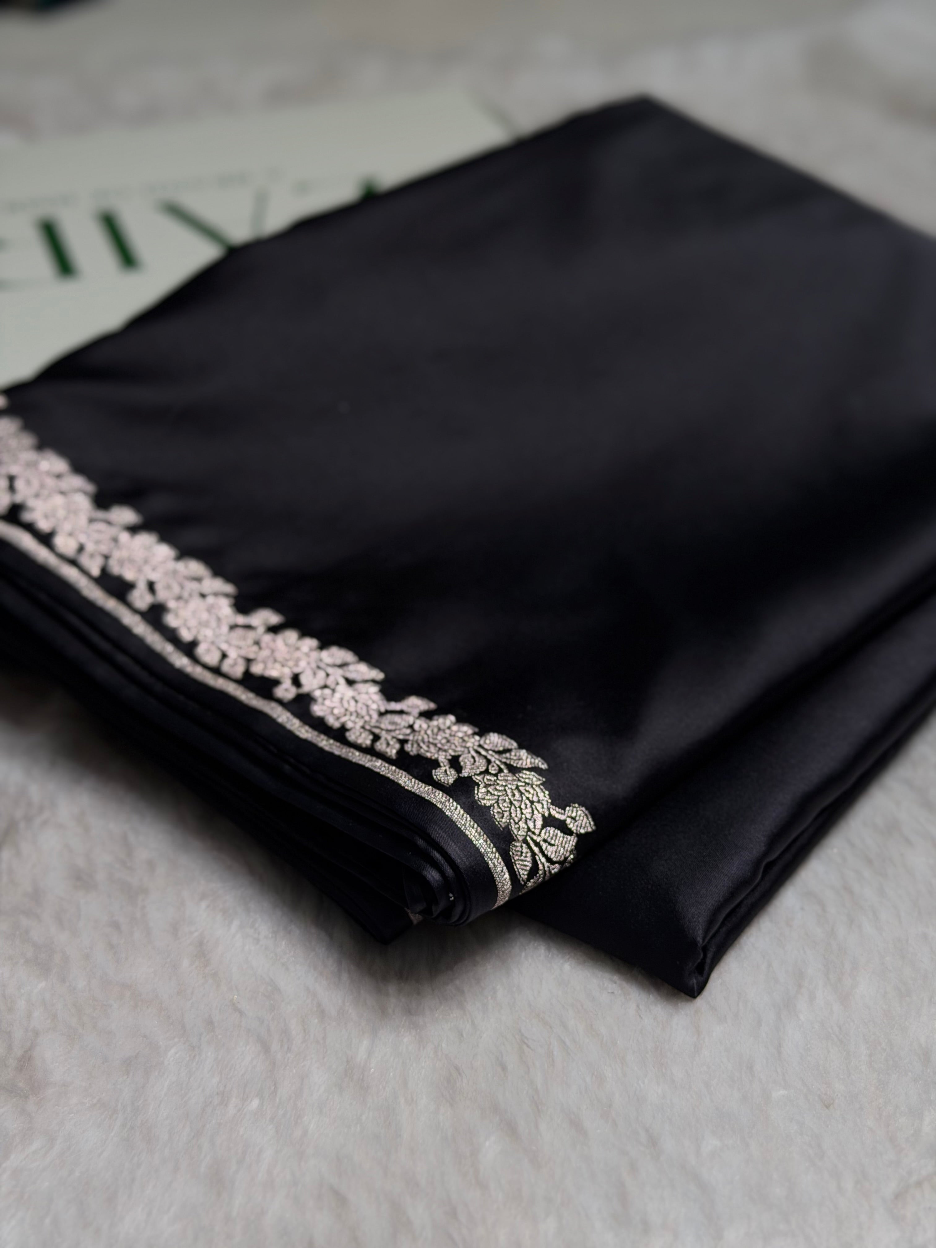 Black With Floral Border Mashru Silk Saree MS80