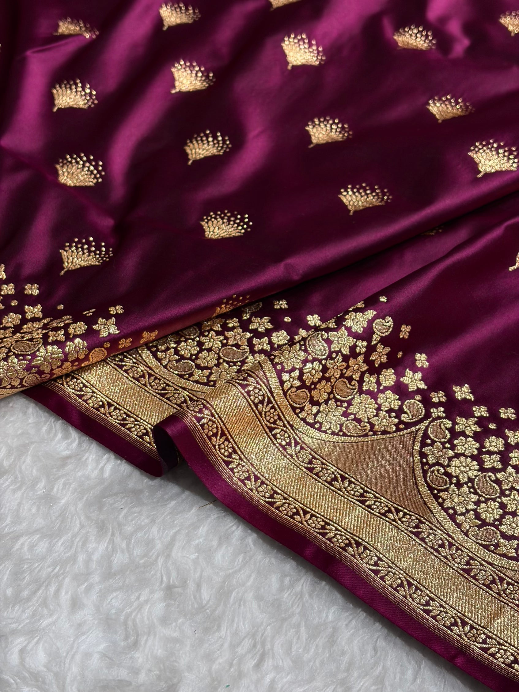 Wine Floral Banasari Pattern Satin Katan Silk Saree SK83
