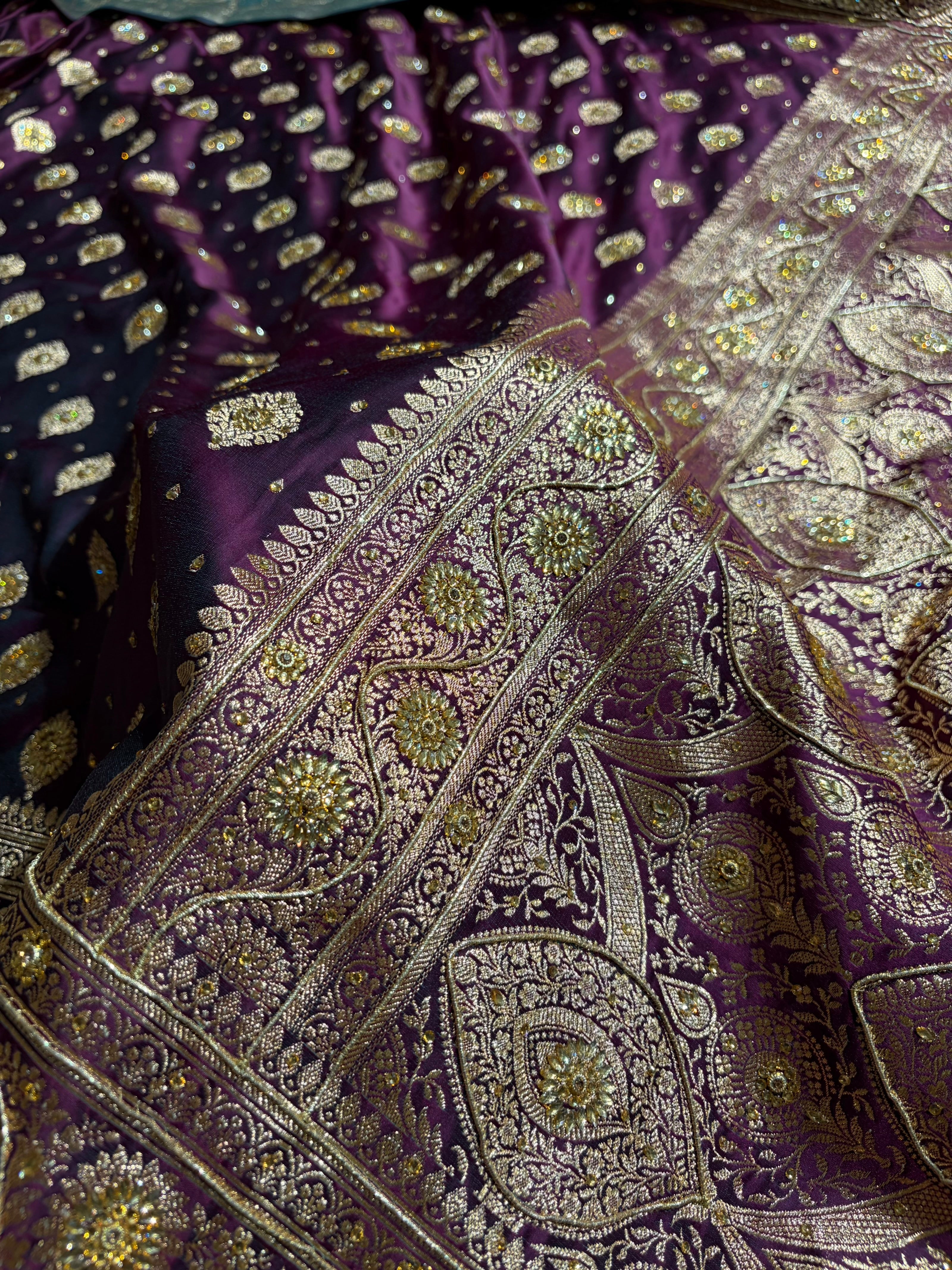 Cross Wine Unique Boota Pattern With Stone & Ari Work Satin Katan Silk Saree BSK69