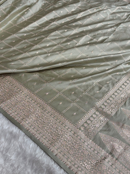Pastel Pista Shades Banarasi With Floral Border Mashru Silk Saree MSM-124