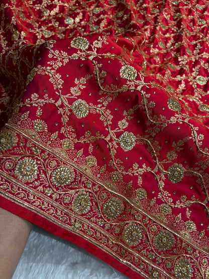 Magentic Red Shades Jaal Floral Pattern With Zardozi And Swarovski Stone Work Satin Katan Silk Saree BSK80