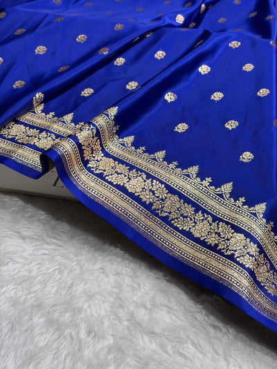 Banarasi Cross Royal Blue Floral Pattern Satin Katan Silk Saree SK76