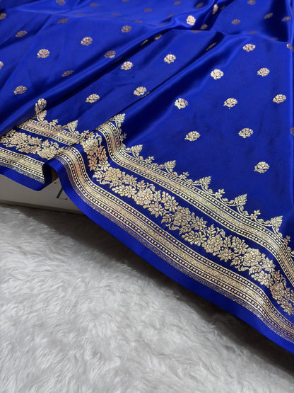 Banarasi Cross Royal Blue Floral Pattern Satin Katan Silk Saree SK76